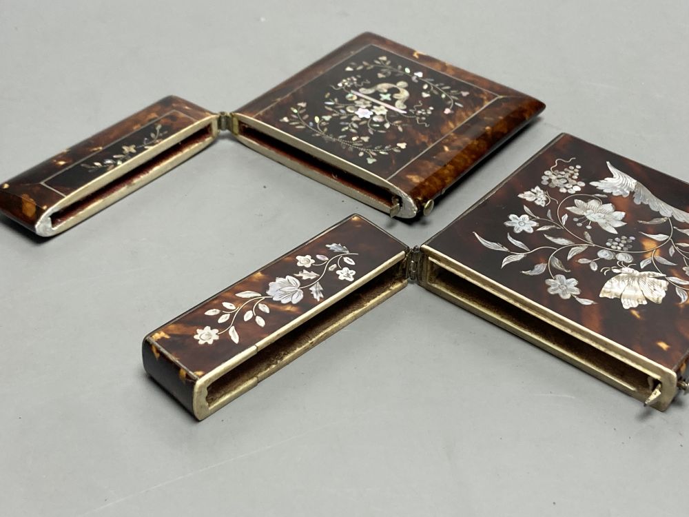 Two 19th century tortoiseshell and mother-of-pearl card cases, largest 10cm